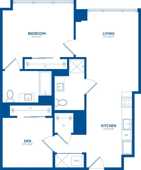 Floor plan for 1 bed, 2 baths, 931 sqft